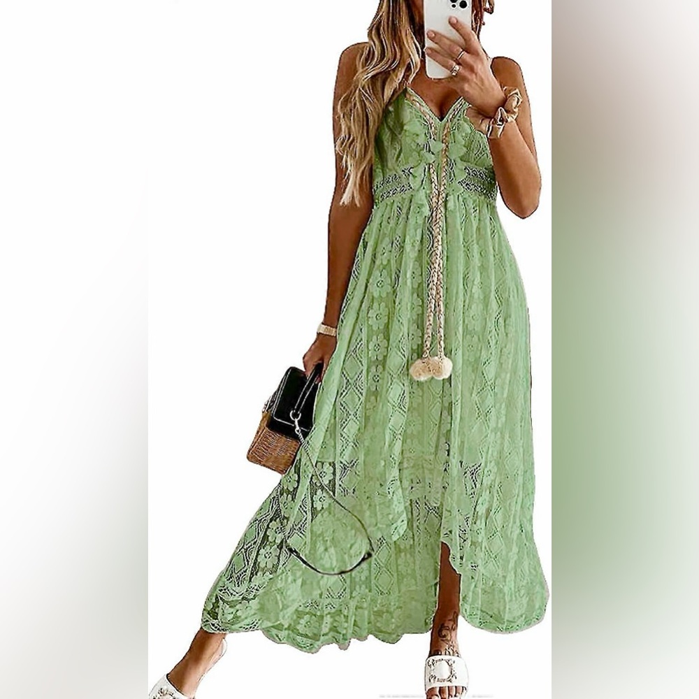 Cupshe Live Life on the Beach Boho Sage Green Lace Midi Dress